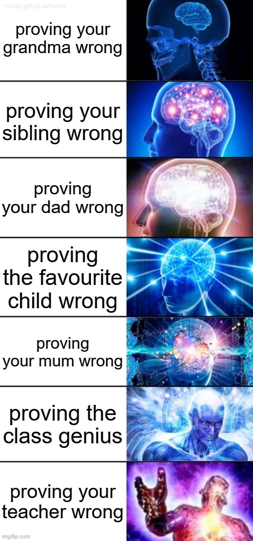 7-Tier Expanding Brain | proving your grandma wrong; proving your sibling wrong; proving your dad wrong; proving the favourite child wrong; proving your mum wrong; proving the class genius; proving your teacher wrong | image tagged in 7-tier expanding brain | made w/ Imgflip meme maker