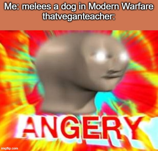 finally she's gone (tiktok banned her) | Me: melees a dog in Modern Warfare
thatveganteacher: | image tagged in surreal angery | made w/ Imgflip meme maker