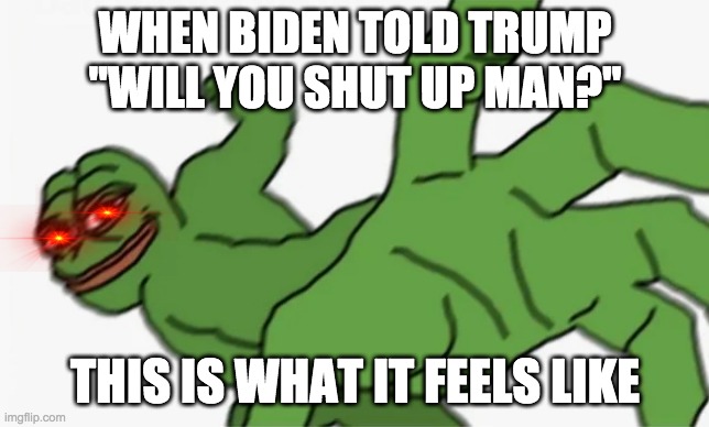 pepe punch | WHEN BIDEN TOLD TRUMP "WILL YOU SHUT UP MAN?"; THIS IS WHAT IT FEELS LIKE | image tagged in pepe punch | made w/ Imgflip meme maker