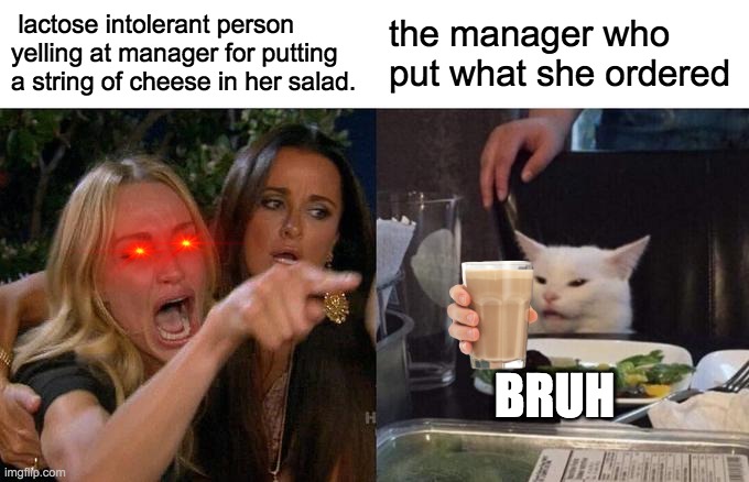 Woman Yelling At Cat Meme | lactose intolerant person yelling at manager for putting a string of cheese in her salad. the manager who put what she ordered; BRUH | image tagged in memes,woman yelling at cat | made w/ Imgflip meme maker