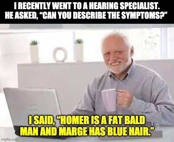 Symptoms | I RECENTLY WENT TO A HEARING SPECIALIST. HE ASKED, “CAN YOU DESCRIBE THE SYMPTOMS?”; I SAID, “HOMER IS A FAT BALD MAN AND MARGE HAS BLUE HAIR.” | image tagged in harold | made w/ Imgflip meme maker