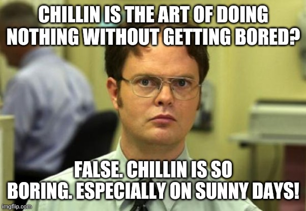 Advice for Summer | CHILLIN IS THE ART OF DOING NOTHING WITHOUT GETTING BORED? FALSE. CHILLIN IS SO BORING. ESPECIALLY ON SUNNY DAYS! | image tagged in memes,dwight schrute,chillin,summer | made w/ Imgflip meme maker