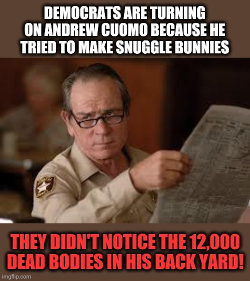 "But that's what it took, you notice, to get somebody's attention." | DEMOCRATS ARE TURNING ON ANDREW CUOMO BECAUSE HE TRIED TO MAKE SNUGGLE BUNNIES; THEY DIDN'T NOTICE THE 12,000 DEAD BODIES IN HIS BACK YARD! | image tagged in no country for old men tommy lee jones,memes,andrew cuomo,coronavirus,nursing homes,democrats | made w/ Imgflip meme maker