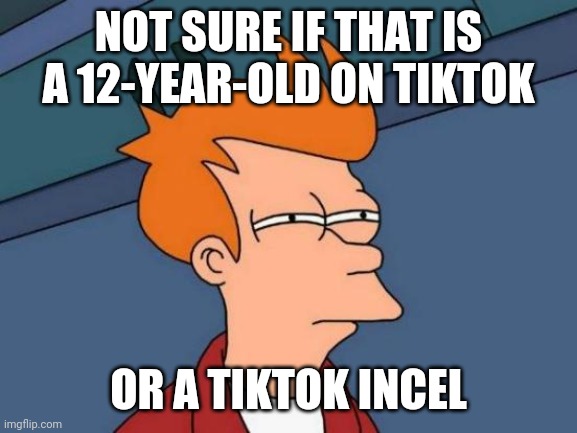 Futurama Fry | NOT SURE IF THAT IS A 12-YEAR-OLD ON TIKTOK; OR A TIKTOK INCEL | image tagged in memes,futurama fry,tiktok,tik tok | made w/ Imgflip meme maker
