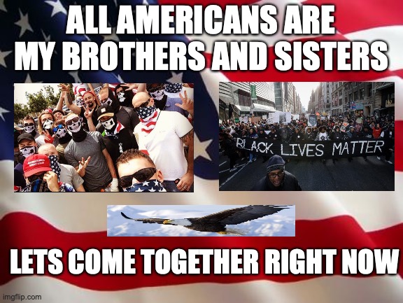American flag | ALL AMERICANS ARE MY BROTHERS AND SISTERS; LETS COME TOGETHER RIGHT NOW | image tagged in american flag | made w/ Imgflip meme maker