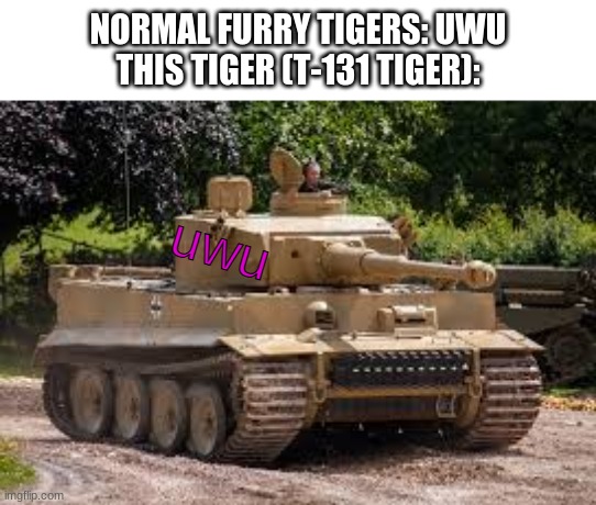 T-131 Tiger Tank | NORMAL FURRY TIGERS: UWU
THIS TIGER (T-131 TIGER):; uwu | image tagged in t-131 tiger tank | made w/ Imgflip meme maker