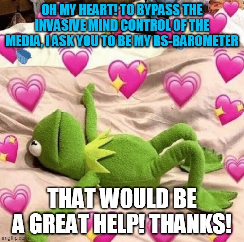 heart, bs, barometer, pink, green,frog, media, mind control pray, for, heart | OH MY HEART! TO BYPASS THE INVASIVE MIND CONTROL OF THE MEDIA, I ASK YOU TO BE MY BS-BAROMETER; THAT WOULD BE A GREAT HELP! THANKS! | image tagged in kermit love | made w/ Imgflip meme maker