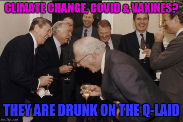 Laughing Men In Suits Meme | CLIMATE CHANGE, COVID & VAXINES? THEY ARE DRUNK ON THE Q-LAID | image tagged in memes,laughing men in suits | made w/ Imgflip meme maker