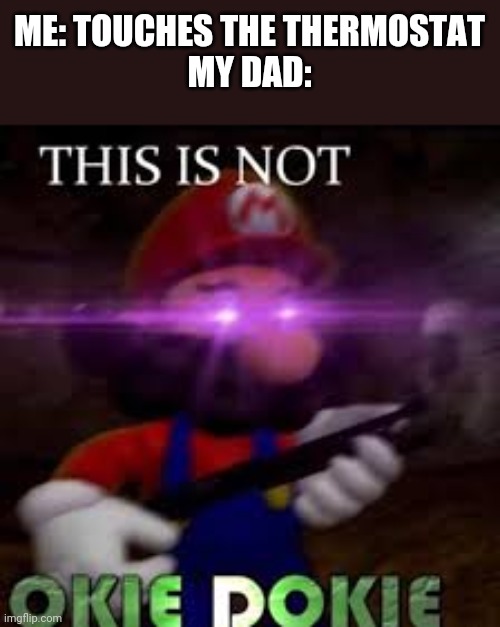 This is not okie dokie | ME: TOUCHES THE THERMOSTAT
MY DAD: | image tagged in this is not okie dokie | made w/ Imgflip meme maker