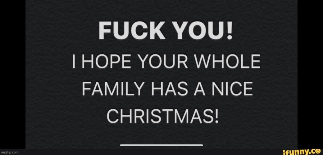 Fuck you! I hope your whole family has a nice Christmas! | image tagged in fuck you i hope your whole family has a nice christmas | made w/ Imgflip meme maker
