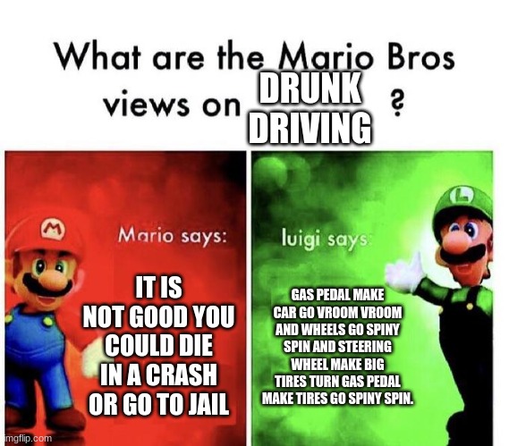 Mario Bros Views | DRUNK DRIVING; IT IS NOT GOOD YOU COULD DIE IN A CRASH OR GO TO JAIL; GAS PEDAL MAKE CAR GO VROOM VROOM AND WHEELS GO SPINY SPIN AND STEERING WHEEL MAKE BIG TIRES TURN GAS PEDAL MAKE TIRES GO SPINY SPIN. | image tagged in mario bros views | made w/ Imgflip meme maker