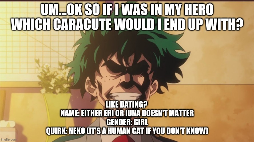 Which one? | UM...OK SO IF I WAS IN MY HERO WHICH CARACUTE WOULD I END UP WITH? LIKE DATING? 
NAME: EITHER ERI OR IUNA DOESN'T MATTER
GENDER: GIRL
QUIRK: NEKO (IT'S A HUMAN-CAT IF YOU DON'T KNOW) | image tagged in izuku midoriya all might face,anime,my hero academia | made w/ Imgflip meme maker