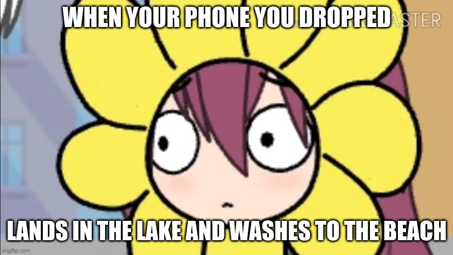 Gacha flower phone | WHEN YOUR PHONE YOU DROPPED; LANDS IN THE LAKE AND WASHES TO THE BEACH | image tagged in gacha life | made w/ Imgflip meme maker