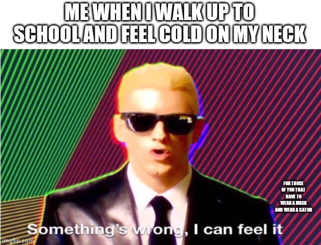 Something’s wrong | ME WHEN I WALK UP TO SCHOOL AND FEEL COLD ON MY NECK; FOR THOSE OF YOU THAT HAVE TO WEAR A MASK AND WEAR A GATOR | image tagged in something s wrong | made w/ Imgflip meme maker