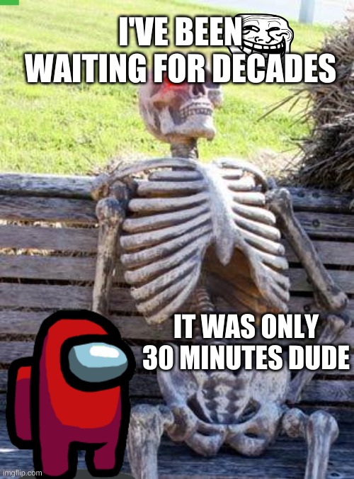 Waiting Skeleton | I'VE BEEN WAITING FOR DECADES; IT WAS ONLY 30 MINUTES DUDE | image tagged in memes,waiting skeleton | made w/ Imgflip meme maker