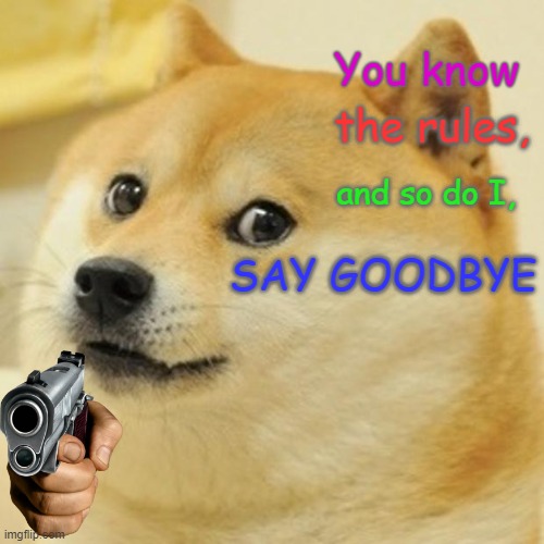 SAY GOODBYE doge | You know; the rules, and so do I, SAY GOODBYE | image tagged in memes,doge | made w/ Imgflip meme maker