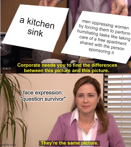 Oppression logic | a kitchen
sink; men oppressing women
by forcing them to perform
humiliating tasks like taking
care of a free apartment
shared with the person
sponsoring it; face expression: "question survivor" | image tagged in memes,they're the same picture,oppression,make me a sandwich,chores | made w/ Imgflip meme maker