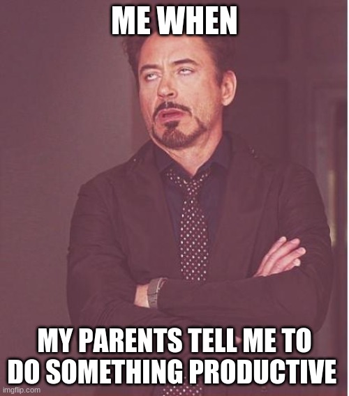 Face You Make Robert Downey Jr Meme | ME WHEN; MY PARENTS TELL ME TO DO SOMETHING PRODUCTIVE | image tagged in memes,face you make robert downey jr | made w/ Imgflip meme maker