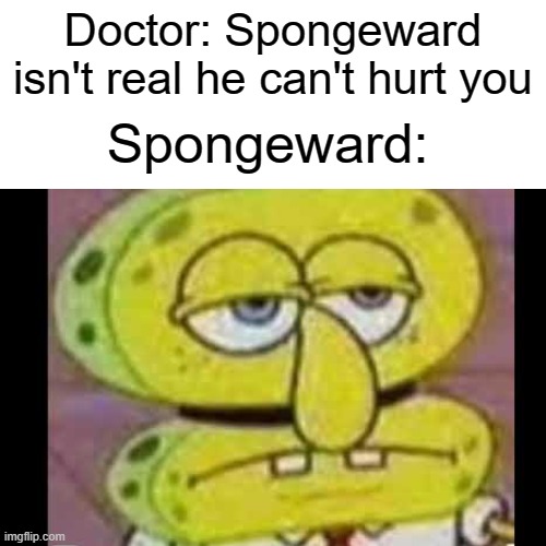 Spongeward | Doctor: Spongeward isn't real he can't hurt you; Spongeward: | image tagged in lol so funny | made w/ Imgflip meme maker