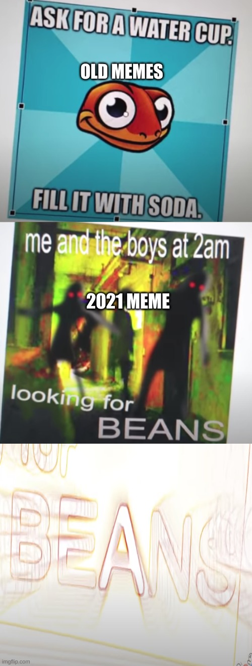 new memes vs older memes | OLD MEMES; 2021 MEME | image tagged in beans,2021 memes | made w/ Imgflip meme maker