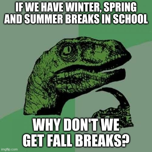 Philosoraptor Meme | IF WE HAVE WINTER, SPRING AND SUMMER BREAKS IN SCHOOL; WHY DON'T WE GET FALL BREAKS? | image tagged in memes,philosoraptor | made w/ Imgflip meme maker