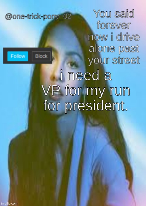 One-trick-pony template | i need a VP for my run for president. | image tagged in one-trick-pony template | made w/ Imgflip meme maker