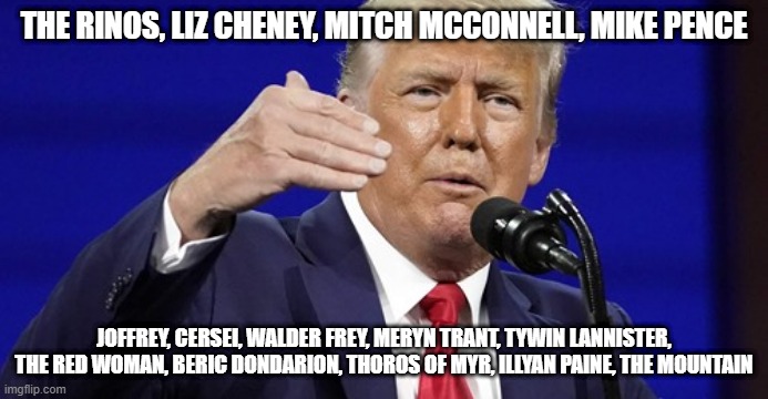 Trump's list | THE RINOS, LIZ CHENEY, MITCH MCCONNELL, MIKE PENCE; JOFFREY, CERSEI, WALDER FREY, MERYN TRANT, TYWIN LANNISTER, THE RED WOMAN, BERIC DONDARION, THOROS OF MYR, ILLYAN PAINE, THE MOUNTAIN | image tagged in trump meme | made w/ Imgflip meme maker