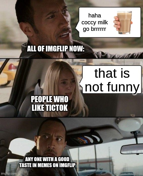 tictok is the worst thing ever and people on it have no idea what good memes are and imgflip is a s**t ton better | haha coccy milk go brrrrrr; ALL OF IMGFLIP NOW:; that is not funny; PEOPLE WHO LIKE TICTOK; ANY ONE WITH A GOOD TASTE IN MEMES ON IMGFLIP | image tagged in memes,the rock driving | made w/ Imgflip meme maker