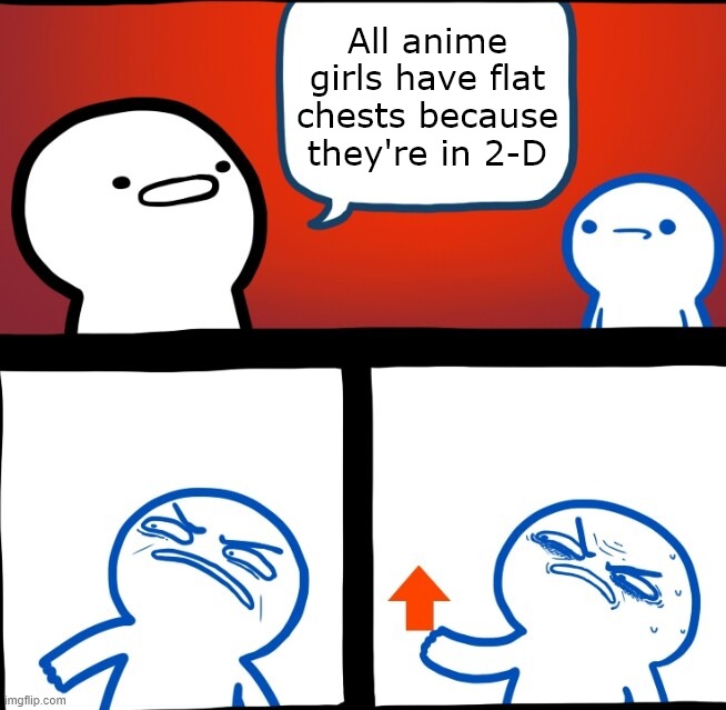 Anime 2-D chests | All anime girls have flat chests because they're in 2-D | image tagged in disgusted upvote | made w/ Imgflip meme maker