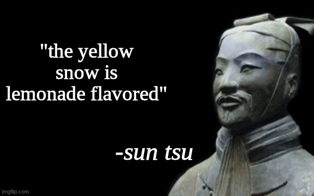 NOTE: do not take the meme seriously | "the yellow snow is lemonade flavored" | image tagged in sun tsu fake quote | made w/ Imgflip meme maker