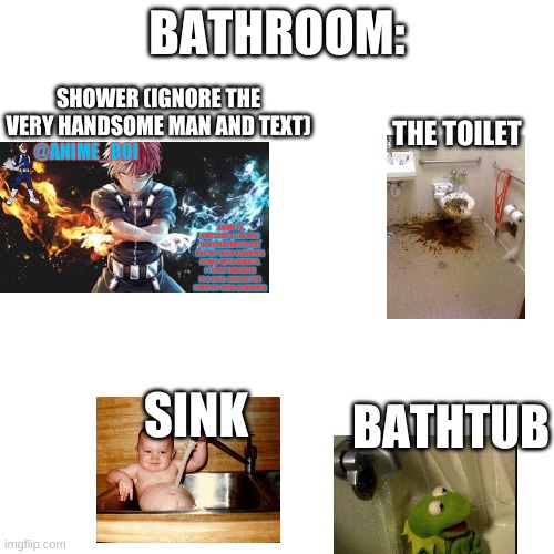 cringe | BATHROOM:; SHOWER (IGNORE THE VERY HANDSOME MAN AND TEXT); THE TOILET; SINK; BATHTUB | image tagged in memes,blank transparent square | made w/ Imgflip meme maker