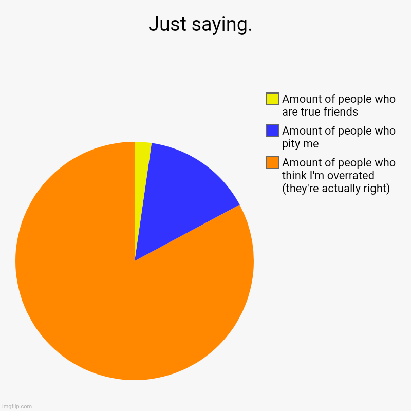 Just saying.  | Amount of people who think I'm overrated (they're actually right), Amount of people who pity me, Amount of people who are tr | image tagged in charts,pie charts | made w/ Imgflip chart maker
