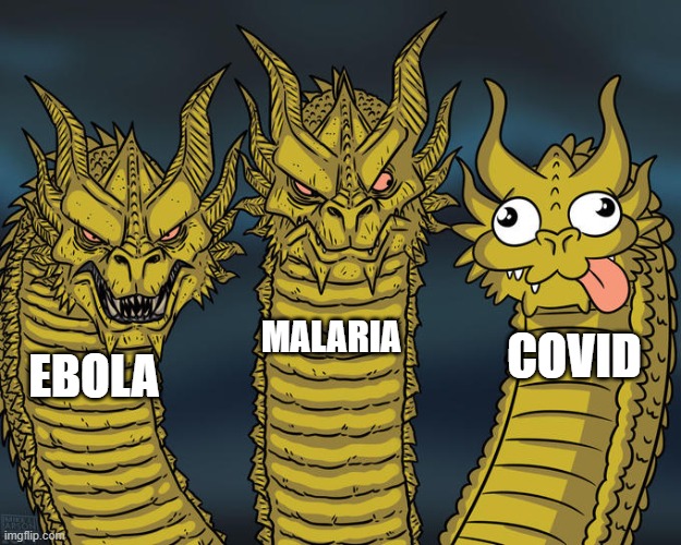 Covid be like. | MALARIA; COVID; EBOLA | image tagged in three-headed dragon | made w/ Imgflip meme maker