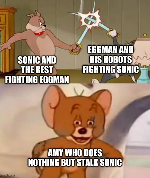 sonic in a nutshell |  EGGMAN AND HIS ROBOTS FIGHTING SONIC; SONIC AND THE REST FIGHTING EGGMAN; AMY WHO DOES NOTHING BUT STALK SONIC | image tagged in tom and spike fighting | made w/ Imgflip meme maker