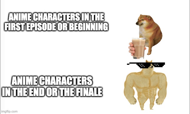 white background | ANIME CHARACTERS IN THE FIRST EPISODE OR BEGINNING; ANIME CHARACTERS IN THE END OR THE FINALE | image tagged in white background | made w/ Imgflip meme maker