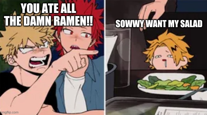 Bakugo yelling at Denki | YOU ATE ALL THE DAMN RAMEN!! SOWWY WANT MY SALAD | image tagged in bakugo yelling at denki | made w/ Imgflip meme maker