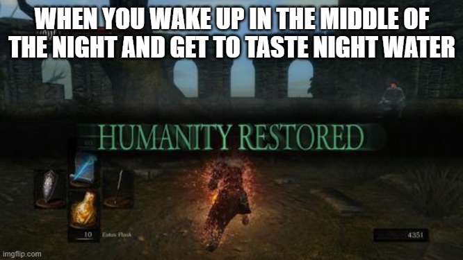 Holy Water | WHEN YOU WAKE UP IN THE MIDDLE OF THE NIGHT AND GET TO TASTE NIGHT WATER | image tagged in humanity restored | made w/ Imgflip meme maker