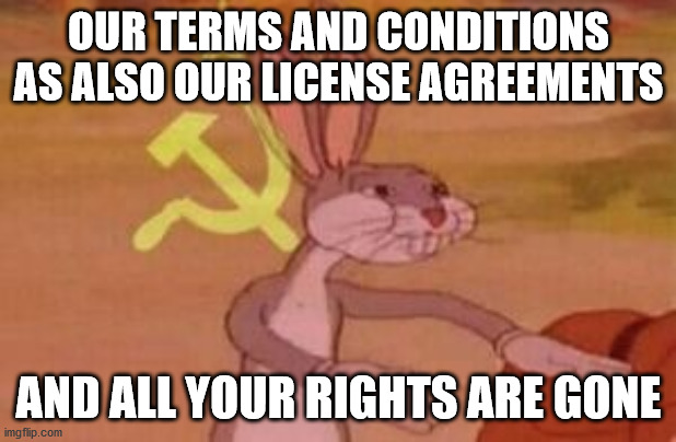 our | OUR TERMS AND CONDITIONS AS ALSO OUR LICENSE AGREEMENTS AND ALL YOUR RIGHTS ARE GONE | image tagged in our | made w/ Imgflip meme maker