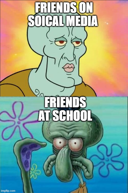 Squidward | FRIENDS ON SOICAL MEDIA; FRIENDS AT SCHOOL | image tagged in memes,squidward | made w/ Imgflip meme maker