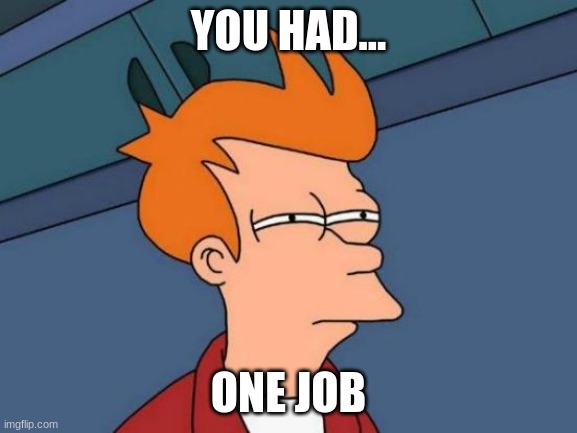 Futurama Fry Meme | YOU HAD... ONE JOB | image tagged in memes,futurama fry | made w/ Imgflip meme maker