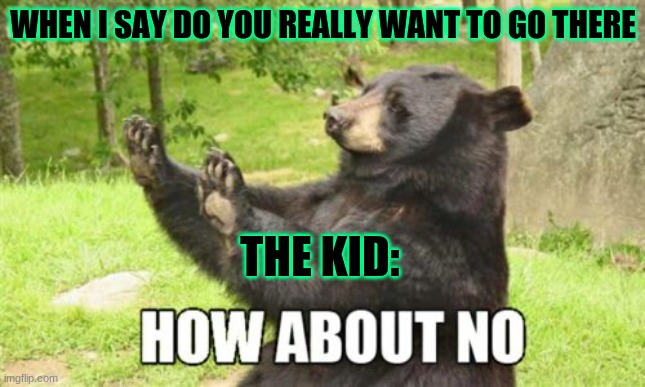 How About No Bear Meme | WHEN I SAY DO YOU REALLY WANT TO GO THERE; THE KID: | image tagged in memes,how about no bear | made w/ Imgflip meme maker