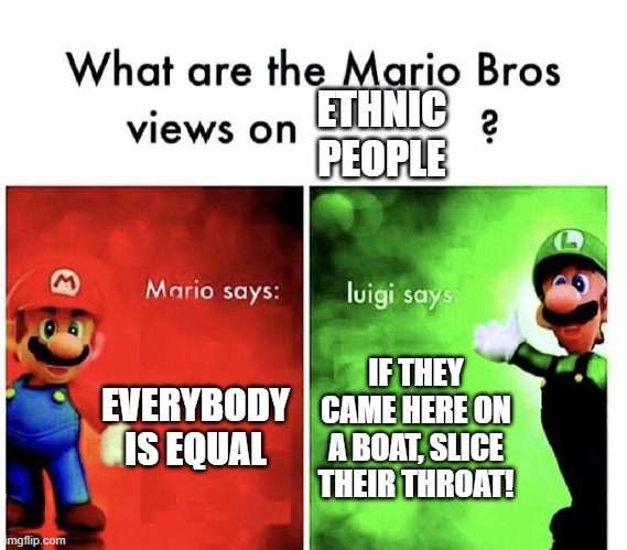 hey, luigi said it. not me |  ETHNIC PEOPLE; EVERYBODY IS EQUAL; IF THEY CAME HERE ON A BOAT, SLICE THEIR THROAT! | image tagged in mario bros views,racism,dark humor | made w/ Imgflip meme maker