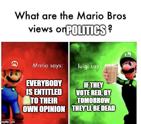 luigi, why so violent? |  POLITICS; EVERYBODY IS ENTITLED TO THEIR OWN OPINION; IF THEY VOTE RED, BY TOMORROW THEY'LL BE DEAD | image tagged in mario bros views,political humor,politics,american politics | made w/ Imgflip meme maker