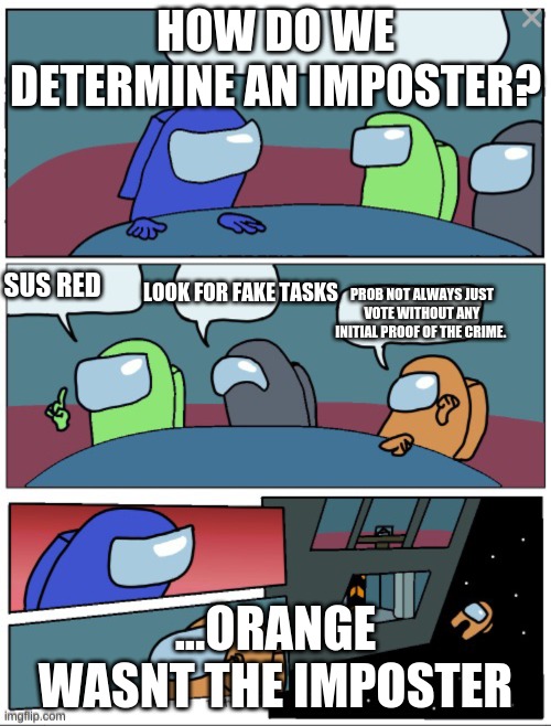 be like orange | HOW DO WE DETERMINE AN IMPOSTER? SUS RED; LOOK FOR FAKE TASKS; PROB NOT ALWAYS JUST VOTE WITHOUT ANY INITIAL PROOF OF THE CRIME. ...ORANGE WASNT THE IMPOSTER | image tagged in among ud | made w/ Imgflip meme maker