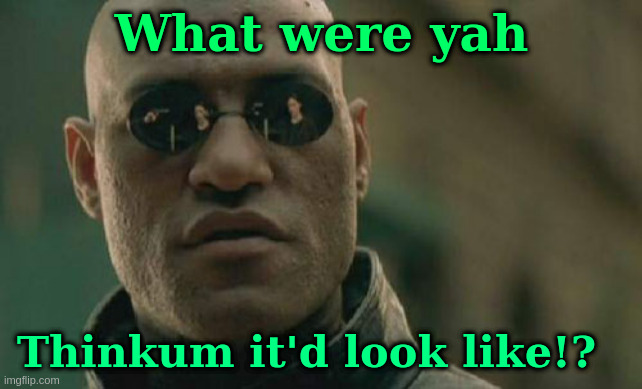 What were yer thinkum? | What were yah; Thinkum it'd look like!? | image tagged in memes,matrix morpheus | made w/ Imgflip meme maker