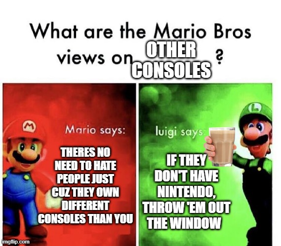 Mario Bros Views |  OTHER CONSOLES; THERES NO NEED TO HATE PEOPLE JUST CUZ THEY OWN DIFFERENT CONSOLES THAN YOU; IF THEY DON'T HAVE NINTENDO, THROW 'EM OUT THE WINDOW | image tagged in mario bros views,console wars | made w/ Imgflip meme maker