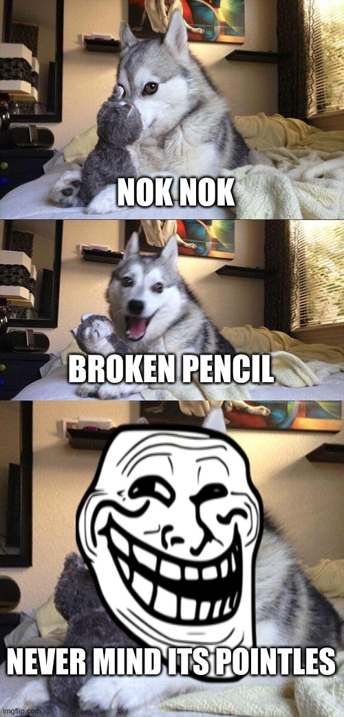 Bad Pun Dog | NOK NOK; BROKEN PENCIL; NEVER MIND ITS POINTLES | image tagged in memes,bad pun dog | made w/ Imgflip meme maker
