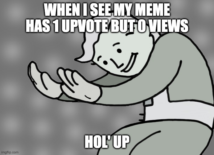 Hol up | WHEN I SEE MY MEME HAS 1 UPVOTE BUT 0 VIEWS; HOL' UP | image tagged in hol up | made w/ Imgflip meme maker