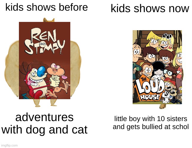 My god no- | kids shows before; kids shows now; adventures with dog and cat; little boy with 10 sisters and gets bullied at schol | image tagged in memes,buff doge vs cheems,nickelodeon,shows | made w/ Imgflip meme maker