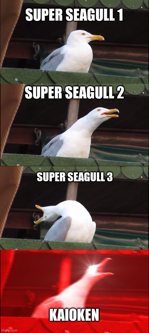 Inhaling Seagull | SUPER SEAGULL 1; SUPER SEAGULL 2; SUPER SEAGULL 3; KAIOKEN | image tagged in memes,inhaling seagull | made w/ Imgflip meme maker